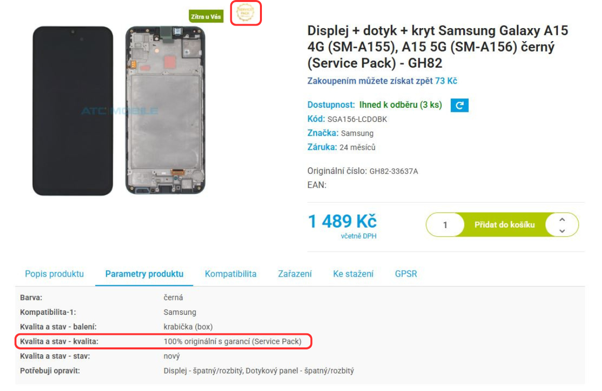 2. Kvalita v parametrech produktu Ukázka parametru kvality v detailu produktu