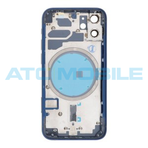 iPhone 12 Mini zadn&iacute; kryt (sklo) s logem, r&aacute;mem modr&yacute; včetně drž&aacute;ku SIM a tlač&iacute;tek (OEM) + magnety