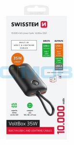 Powerbanka SWISSTEN VOLTBOX 35W 10000 mAh s integrovan&yacute;mi kabely (USB-C, Lightning)